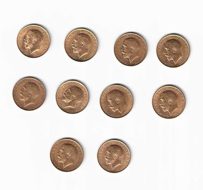 null ROYAUME UNI. Dix pièces or souverain. 1912 (x4), 1913, 1915, 1925 et 1927 (...