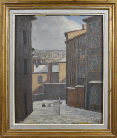  *Jean FERLET (1889-1957) 
Montée enneigée dans le Vieux Lyon 
Huile sur panneau,...