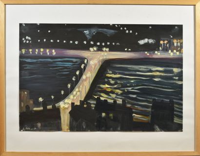  Jacques PONCET (1921-2012) 
Pont, la nuit (Série Lyon) 
Gouache sur papier marouflée...