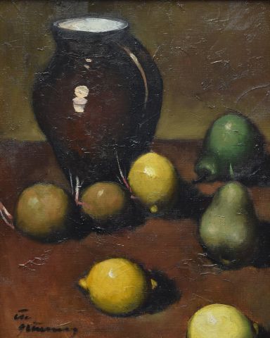 null School of the 1930s 

Still life with fruits and a jug 

Oil on canvas, bearing...