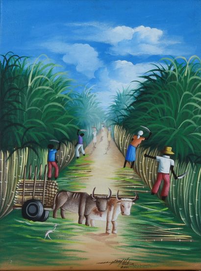 null Jean WALTON (artiste haïtien XXIe siècle) 

La récolte de cannes à sucre, 2011...