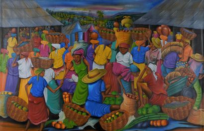 null Art haïtien XXème siècle. 

Le marché, Haïti. 

Grande huile sur toile

101x152...