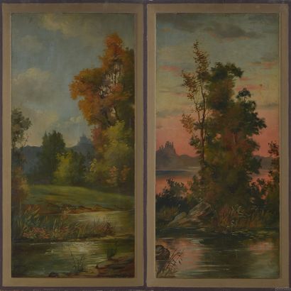  Louis OGIER (XIX-XXth) 
Landscapes with a river 
Two oil on panels glued on a hanging...