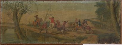  École française du XVIIIe 
Scène de chasse à cour 
Huile sur toile 
47,5 x 131,5...