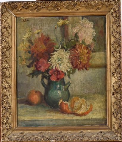  Louis MARTIN-VIA (1879-1967) 
Fleurs et orange 
Huile sur toile, signée en haut...