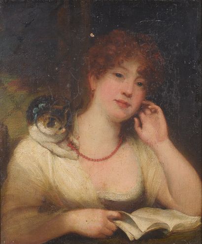  École française du milieu du XIXe 
Jeune fille rousse lisant, son chat jouant avec...