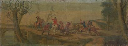  École française du XVIIIe 
Scène de chasse à cour 
Huile sur toile 
47,5 x 131,5...