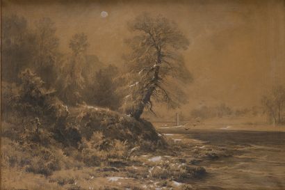  Léon-Pierre DUCARUGE (1843-1911) 
Paysage à la rivière 
Grand dessin au fusain rehaussé...