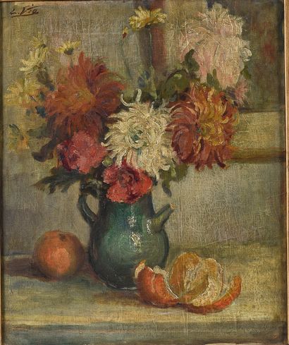  Louis MARTIN-VIA (1879-1967) 
Fleurs et orange 
Huile sur toile, signée en haut...