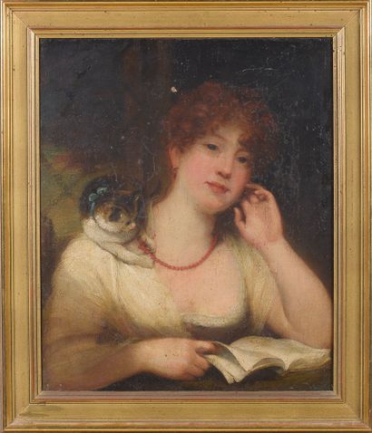  École française du milieu du XIXe 
Jeune fille rousse lisant, son chat jouant avec...