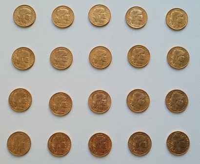 null Ensemble de vingt pièces 20 FF or République de 1901, 1904, 1905, 1906 (x2),...