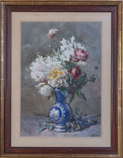 null François RIVOIRE (1842-1919)
Bouquet de fleurs, pivoines et roses, dans un pichet...