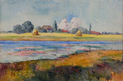 null Adolphe REY (1863-1944)
Paysage à la rivière en été
Aquarelle sur papier fort,...