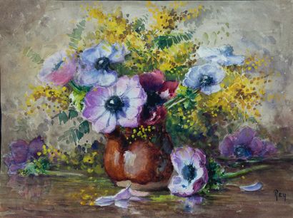 null Adolphe REY (1863-1944)
Bouquet de anémones et mimosas
Aquarelle et pastel,...