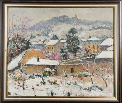 null Adolphe REY (1863-1944)
Neige à Bourgoin 
Huile sur carton, signée en bas à...