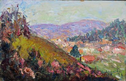 null Adolphe REY (1863-1944)
Campagne vallonnée aux environs de Bourgoin
Huile sur...