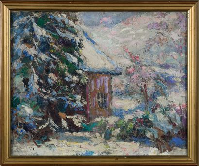 null Adolphe REY (1863-1944)
Maison sous la neige ou Hiver à Bougoin
Huile sur carton,...
