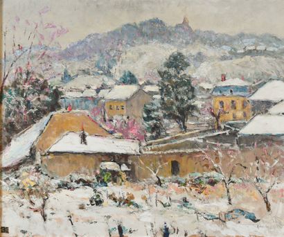 null Adolphe REY (1863-1944)
Neige à Bourgoin 
Huile sur carton, signée en bas à...