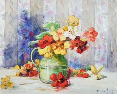 null Adolphe REY (1863-1944)
Bouquet de fleurs sur fond de papier peint
Aquarelle,...