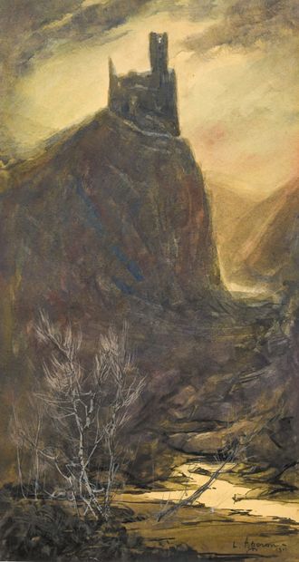 null Louis AGERON (1865-1935)
Crépuscule sur les ruines médiévales, 1911
Aquarelle...