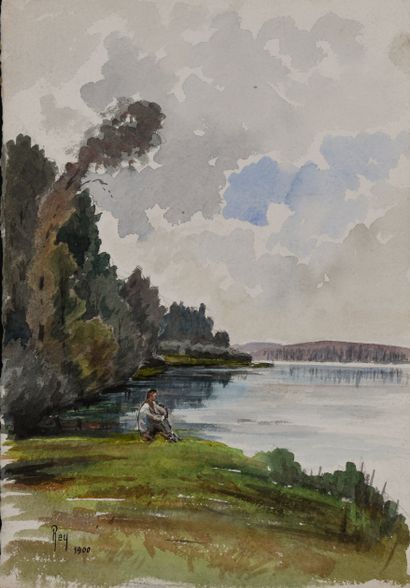 null Adolphe REY (1863-1944)
Personnage solitaire contemplant un lac, 1900
Aquarelle,...