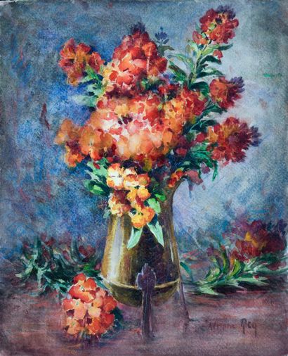 null Adolphe REY (1863-1944)
Bouquet de giroflées dans un vase de cuivre
Aquarelle...