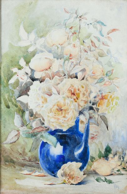 null Adolphe REY (1863-1944)
Grand bouquet de roses dans une théière bleue
Aquarelle,...