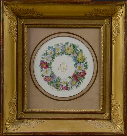 null Adèle JANET ( ?-1877)

Guirlande de fleurs encadrant un chiffre doré, 1831

Huile...