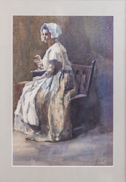 null École française du début du XXe
Jeune paysanne assise dans un intérieur, 1915
Aquarelle,...