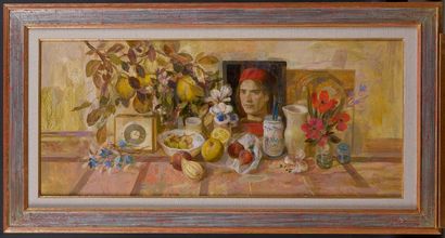 null Goyo DOMÍNGUEZ (né en 1960)
Bodegon con retrato [Nature morte avec portrait],...