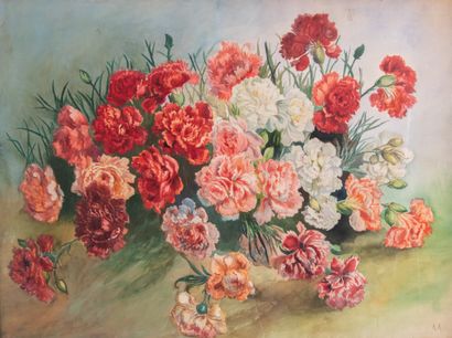 null École française vers 1900
	Bouquet d'œillets	 	 
Aquarelle, monogrammée "A.A"...