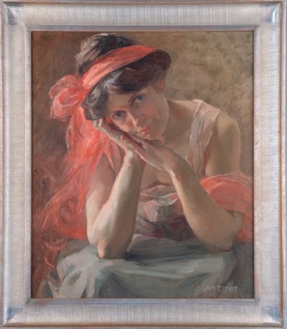 null Anne-Marie ESPRIT (1866-1926)
Portrait d’une jeune fille au nœud rose
Huile...