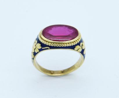*Blue-enameled yellow gold ring with flower...