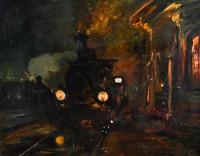 null Louis BEYSSON (1856-1912)
Locomotive in a station, at night
Oil on canvas, signed...