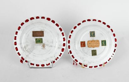 null Pair of interesting earthenware plates with fabric and stamps cut out and glued...