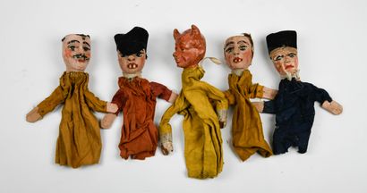 null Set of five GUIGNOL theater puppets in carved and painted wood and fabric.
First...