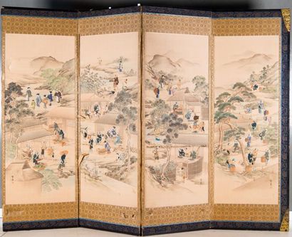 CHINE Grand paravent à décor peint sur fond de soie d'un côté et en relief brodé...