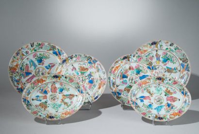 CHINE Canton: 6 pièces en porcelaine polychrome: 2 assiettes diamètre 25 cm, 2 petites...