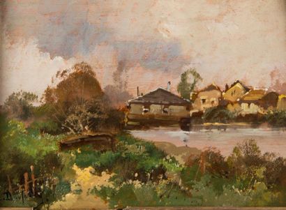 Eugène GALIEN-LALOUE (1854-1941) (signé L.DUPUY) Paysage lacustre aux maisons. Huile...
