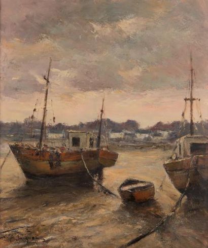 Bernard JACQUOT (1928) Bateaux à marée basse. Huile sur toile signée en bas à gauche....