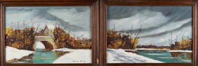Charles CUZIN (1907-1975) Paysages de neige. Deux huiles sur panneaux formant pe...