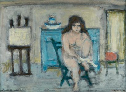 André COTTAVOZ (1922-2012) Femme s'habillant. Huile sur toile signée en bas à droite...