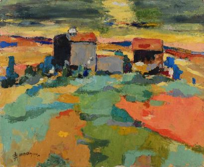 André BONNAMOUR (1900-1985) Hameau au bord des champs, huile sur toile, signée en...