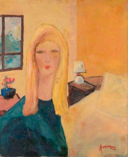André BONNAMOUR (1900-1985) Portrait de femme devant une fenêtre. Huile sur toile...