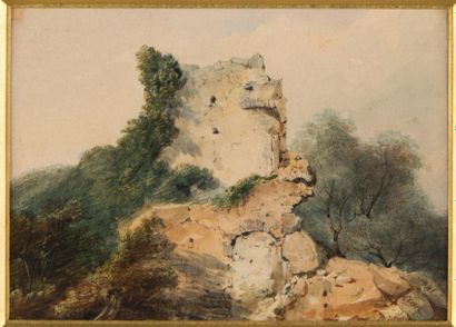 Eugène CICERI (1813-1890) Paysage de ruines. Aquarelle, signée en bas à droite et...