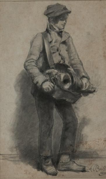 Attribé à Jules Boilly (Paris, 1796 - 1874) Joueur de veille Crayon noir, estompe...