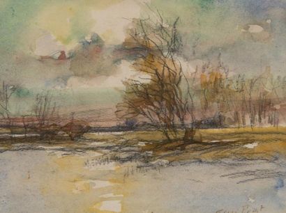 Henri PROST (1936) Paysage au lac. Aquarelle et crayon, signée en bas à droite. 15...
