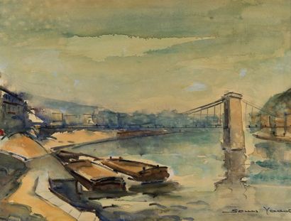 Louis VADOT (1925) La Saône. Aquarelle signée en bas à droite. 45x57,5 cm