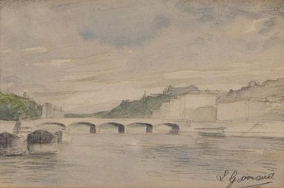 Léon GARRAUD (1877-1961) Les quais de Saône. Dessin aquarellé signé en bas à gauche....