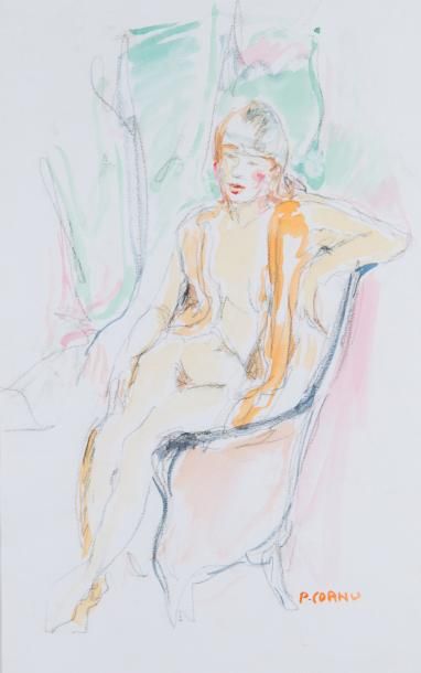 Pierre CORNU (1895-1996) Nu assis. Fusain et aquarelle, signé en bas à droite. 47x29,30...